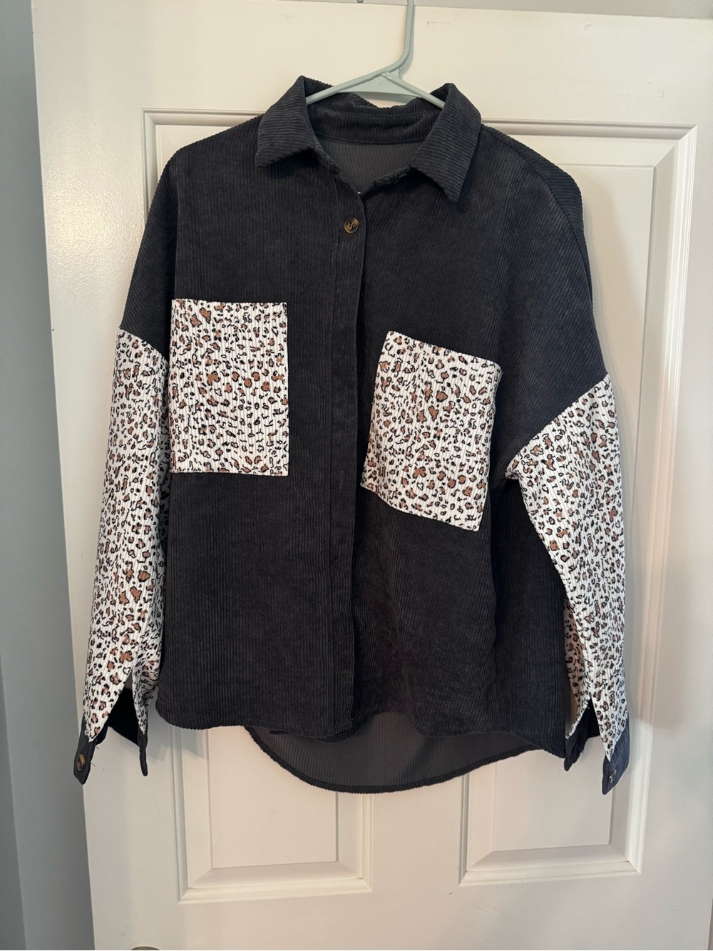 Corduroy Button-Up Jacket with Leopard Print Pockets - Black